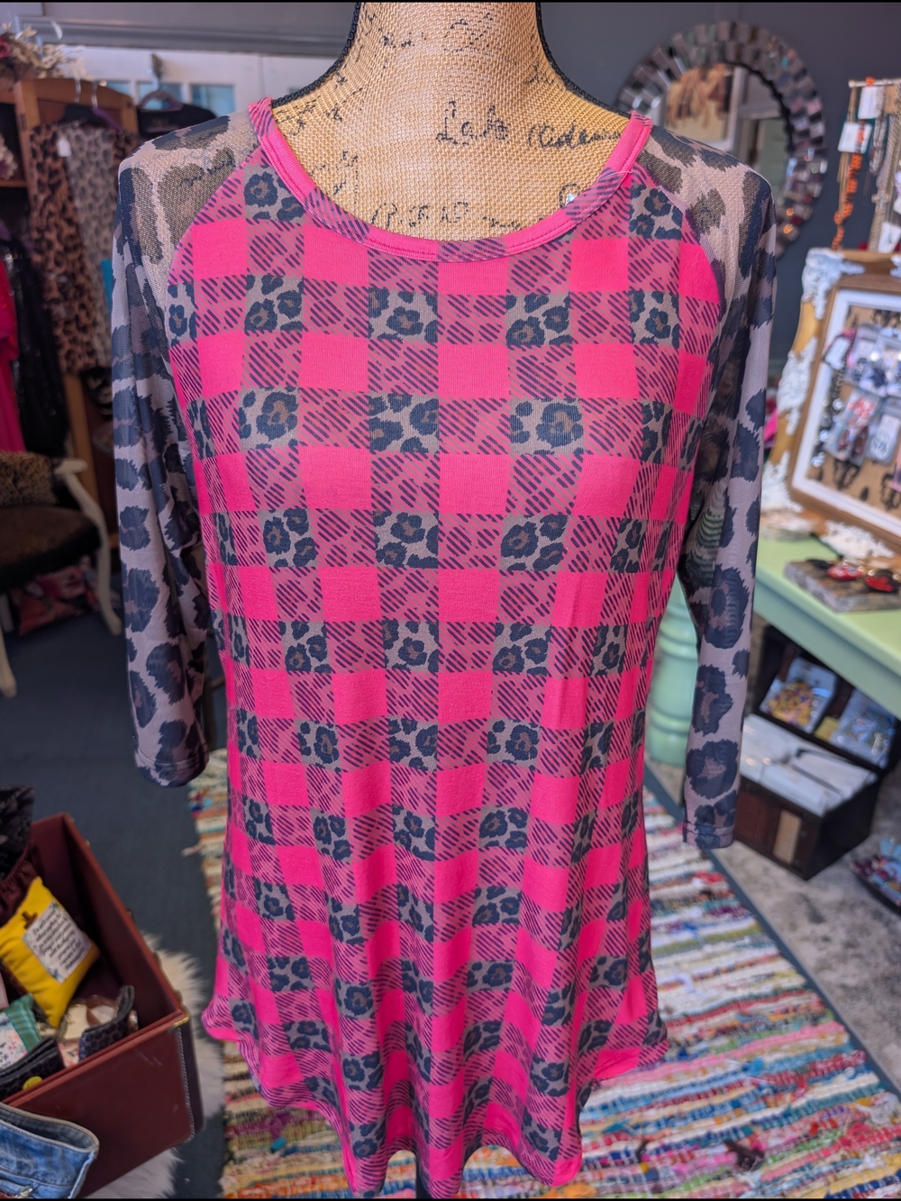 Crazy Train Hot Pink Plaid Raglan Top with Leopard Sleeves